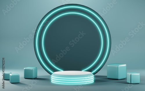 3D render of Podium background in blue tones for displaying cream products. cosmetics