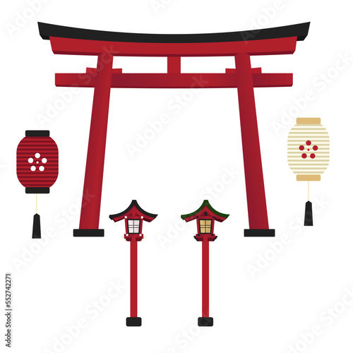 Torii gate and Lantern in flat design vector style