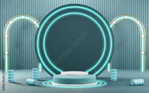 3D render of Podium background in blue tones for displaying cream products. cosmetics