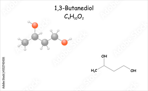 Stylized 2d molecule model/structural formula of 1,3-Butanediol. Substance has slightly bacteriostatic and fungicide properties.