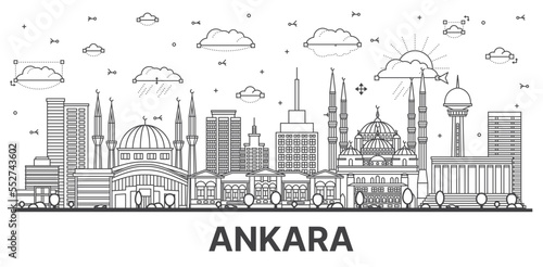 Outline Ankara Turkey City Skyline with Historic Buildings Isolated on White.