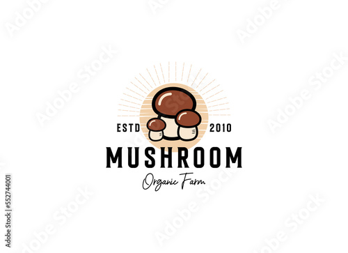 mushroom farm logo vintage vector illustration design, champignon mushroom logo design