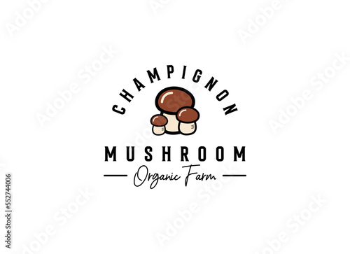 mushroom farm logo vintage vector illustration design, champignon mushroom logo design