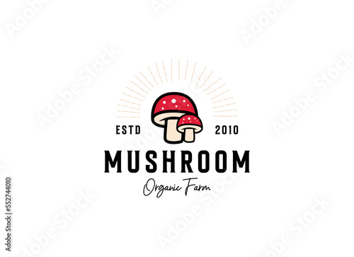 mushroom farm logo vintage vector illustration design, champignon mushroom logo design