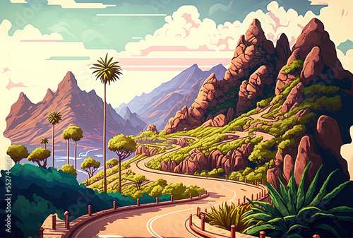 a lovely day in tenerife, the Canary Islands, Spain, with green mountains, hills, and a winding road near the settlement of Masca. Generative AI