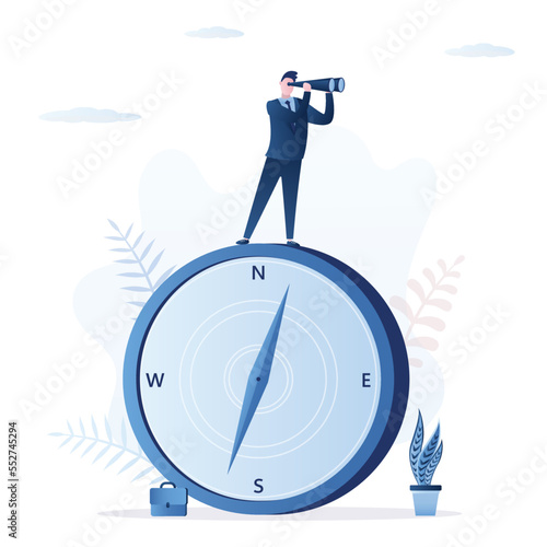 How to choose right direction for business. Businessman standing on giant compass and looking binoculars. Navigation, finding route, search for right way of business development.