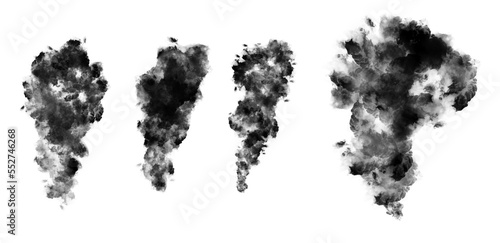 Smoke pollution collection, isolated, transparent background. Set of realistic black smoke steam, waves from vehicles, factory, pollution . Fog and mist effect