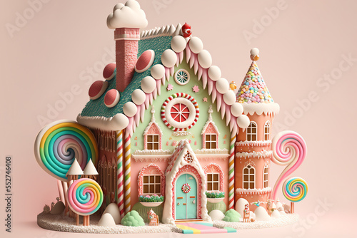 Gingerbread House on a Light Pink Background with Icing, Manion, Gumdrops, Lollipops, Peppermints, Sprinkles, Candy, Candycane, Taffy, Isolated on Pink Background, Generative AI photo