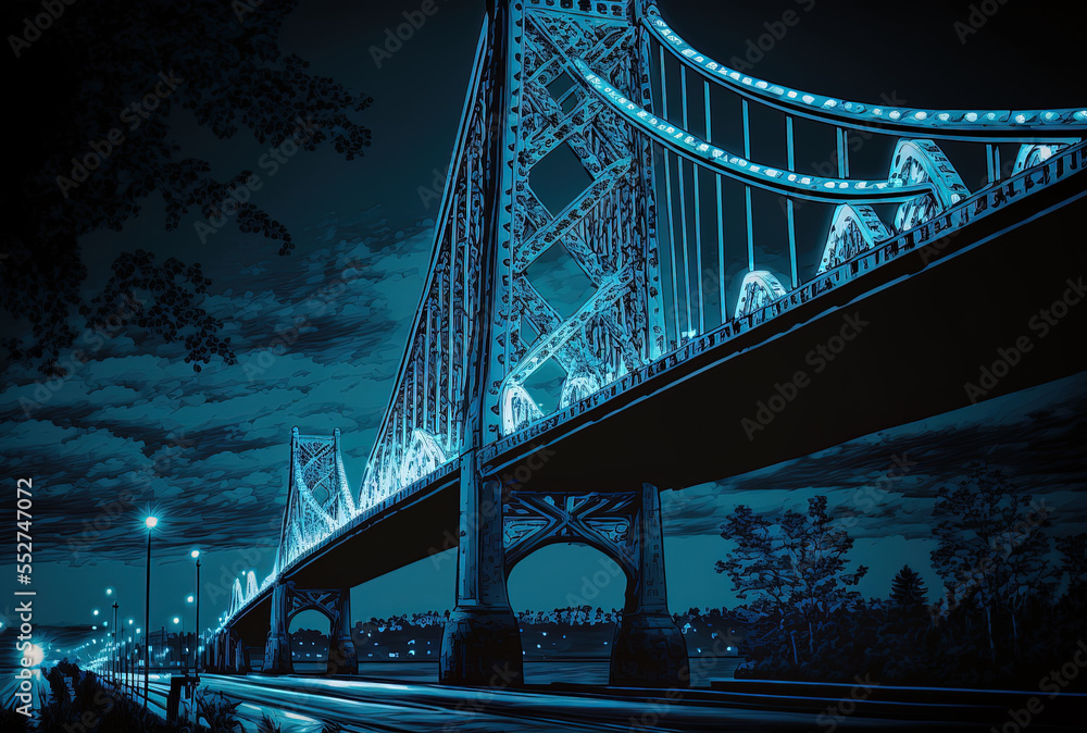 Fototapeta premium a blue toned nighttime picture of the Wabaidu Bridge. Generative AI