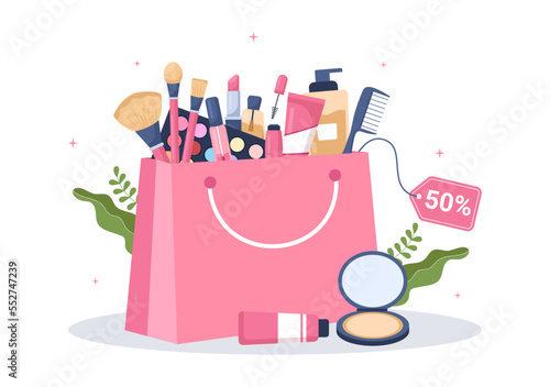 Cosmetics Store with Girl Skincare, Cosmetic, Perfume, Makeup and Beauty Products Choice in in Flat Cartoon Hand Drawn Templates Illustration