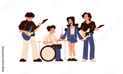 Music band with guitars, bass and drums. Flat vector illustrations.	