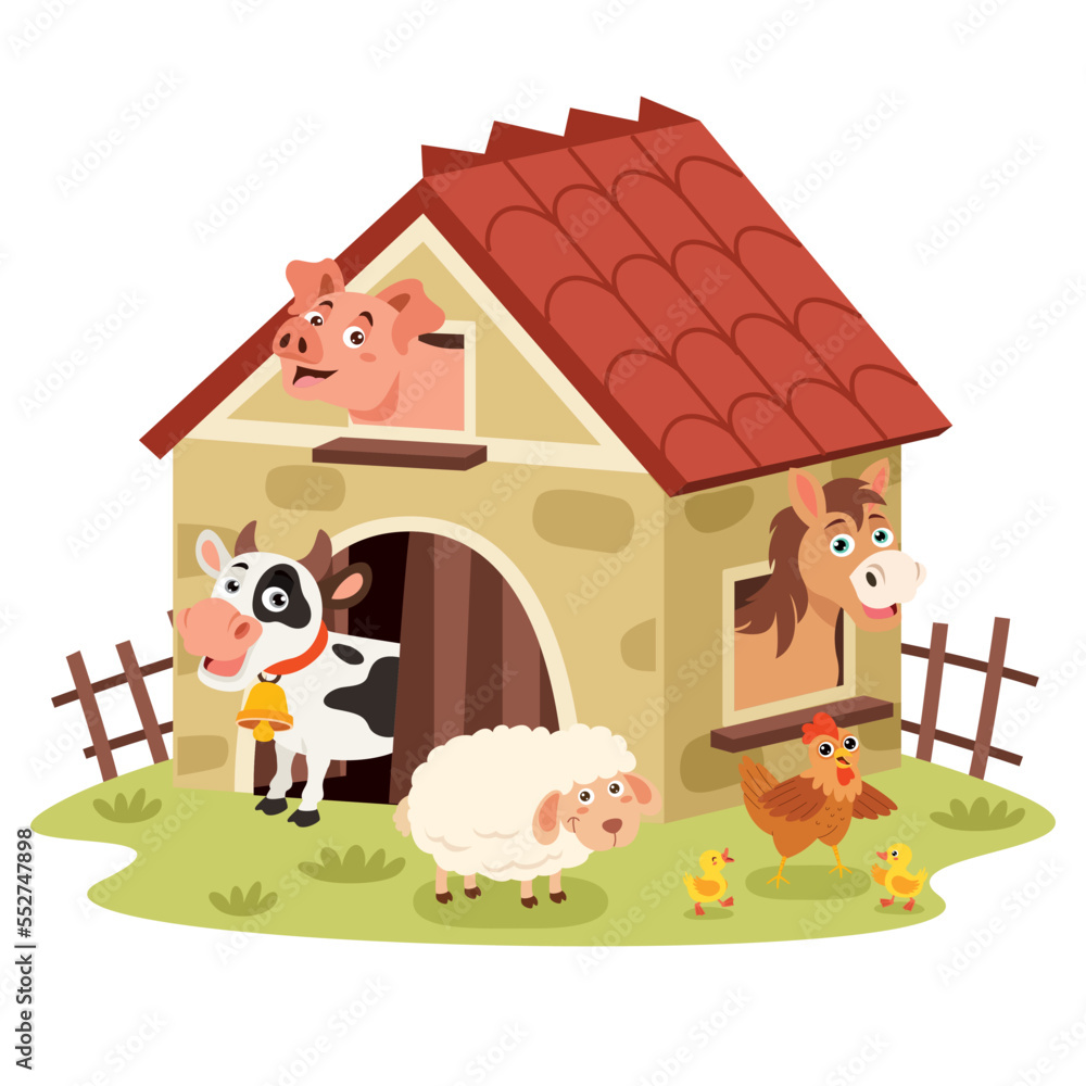 Farm Scene With Cartoon Animals Farm Scene With Cartoon Animals