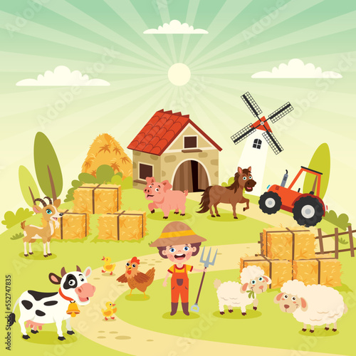 Farm Scene With Cartoon Animals