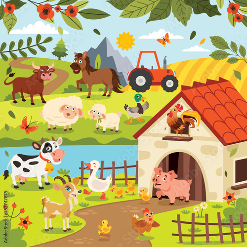 Farm Scene With Cartoon Animals