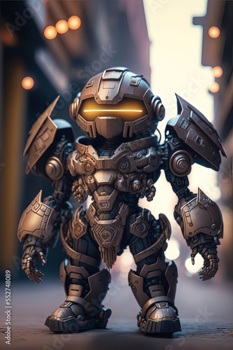 a cute toy chibi mecha in myrmidon armor, stainless skin, dramatic cyberpunk lighting, futuristic buildings in the background, tilt shift, soft diffused cinematic lighting