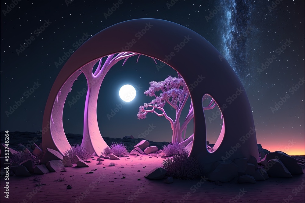 a 3D render of a landscape with a huge bright neon purple glowing arch light sculpture, night sky with stars and galaxy, dramatic angles