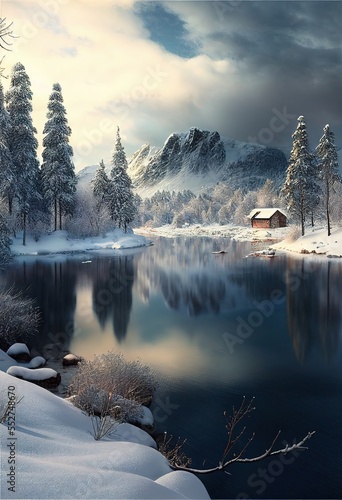 Perfect winter landscape. Lonely house at the river in the mountains. Generative art