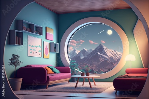 Zenithal view of room, cute, anime-style, retro, therapy room with mountain theme with nostalgic feel, cozy comfy minimal, mountain colors, window shows snowy mountain top, futuristic, retropunk photo