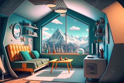 Zenithal view of room, cute, anime-style, retro, therapy room with mountain theme with nostalgic feel, cozy comfy minimal, mountain colors, window shows snowy mountain top, futuristic, retropunk photo