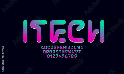 Technical font, round modern alphabet, trendy uppercase letters and numbers, vector illustration 10EPS