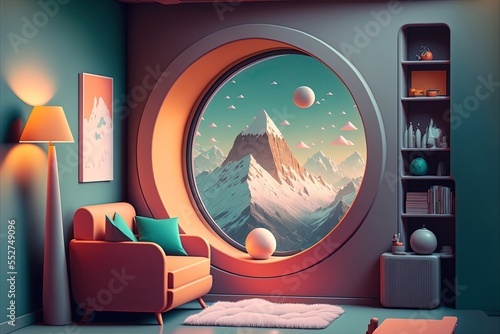 Zenithal view of room, cute, anime-style, retro, therapy room with mountain theme with nostalgic feel, cozy comfy minimal, mountain colors, window shows snowy mountain top, futuristic, retropunk