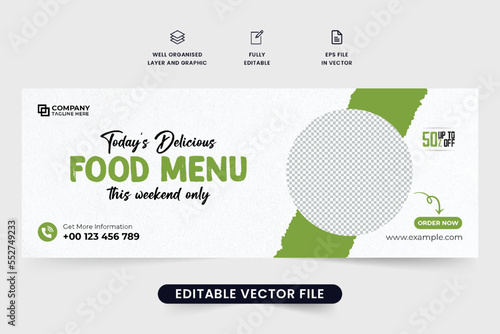 Weekend food discount social media cover design with green and dark colors. Restaurant menu promotion template vector with photo place holders. Food business commercial web banner design.