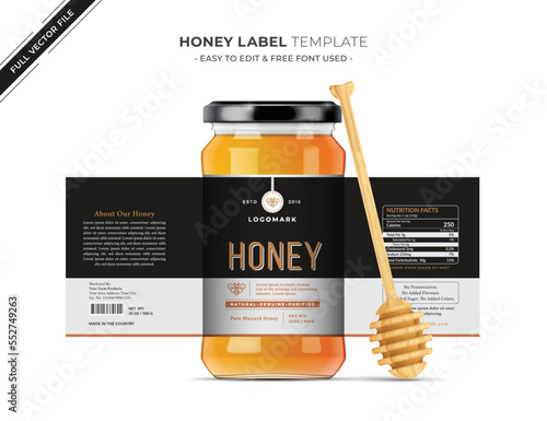 Bee pure Honey design glass jar bottle label, creative and modern health product branding black label new packaging, vector editable graphic design template.