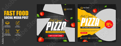 Set of fast food restaurant business marketing social media banner post template. Healthy and fresh party pizza sale online promotion flyer. Food menu, burger or hamburger web poster with logo & icon.