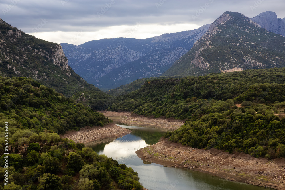 River and Mountain Landscape Nature Background. Sardinia, Italy.