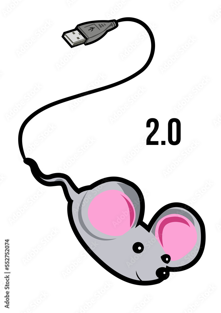 Illustration of a real mouse with USB tail in cartoon style Illustration of a real mouse with USB tail in cartoon style