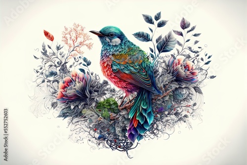  a bird sitting on top of a flower filled plant filled with leaves and flowers on a white background with a blue border. Generative AI © Oleg