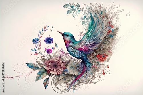  a bird with a flower and leaves on its back flying in the air with its wings spread out and wings spread out. Generative AI