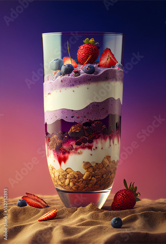 Fresh fruit salad with yogurt and walnuts in glass 