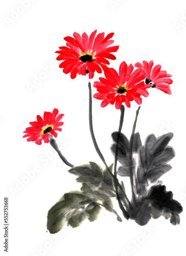 水墨画技法で描いたガーベラの花