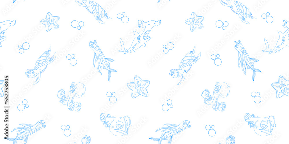 Pattern of doodle cartoon fish and animals on a white background for printing and design.Vector illustration.