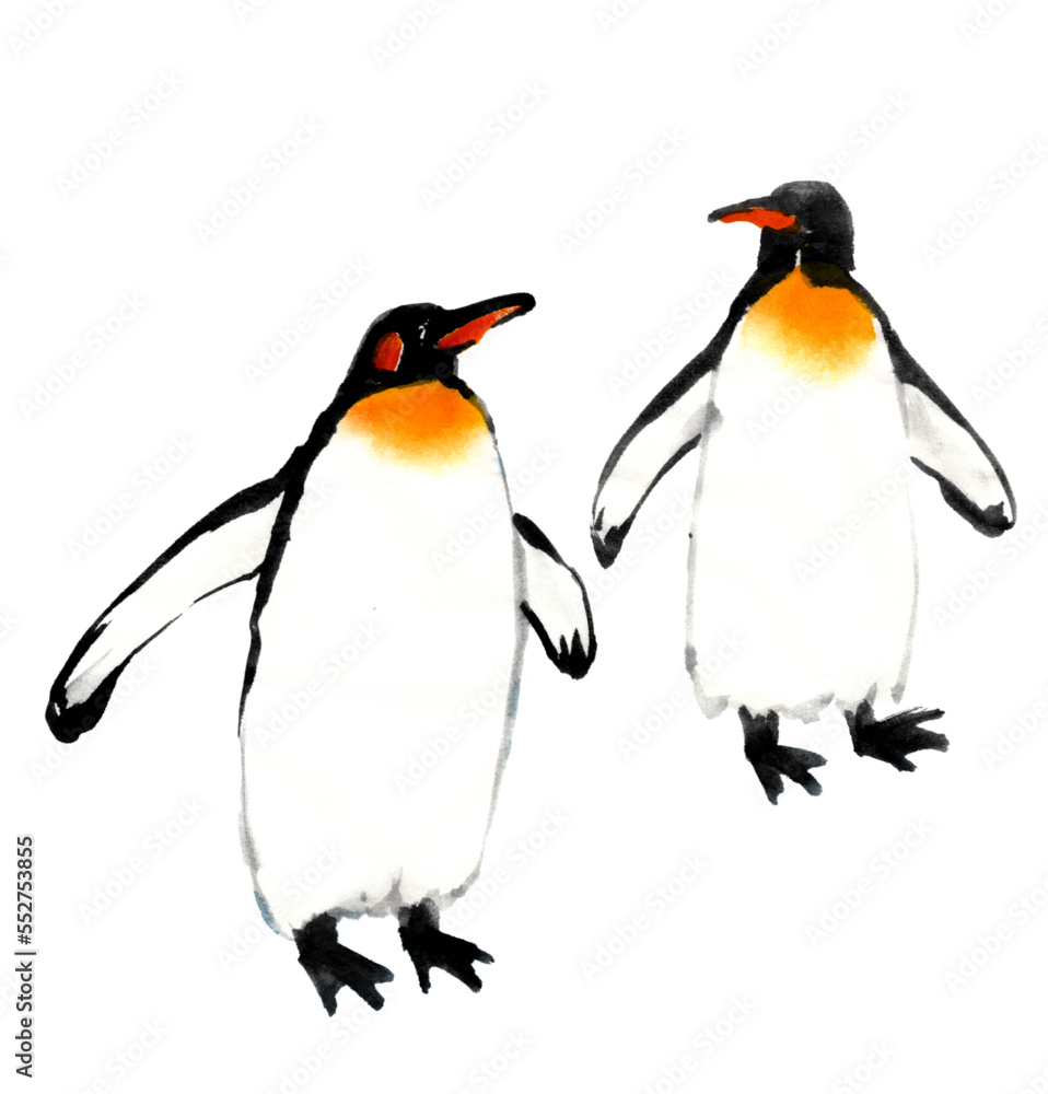 Fototapeta premium 水墨画技法で描いたペアペンギン