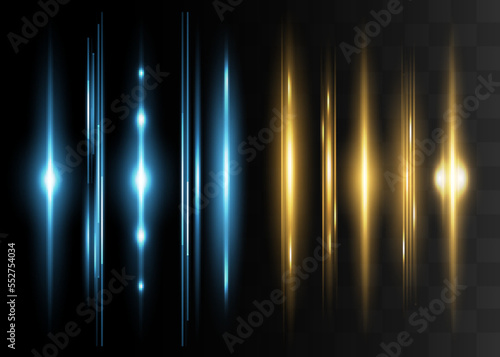 Blue horizontal lens flares pack. Laser beams, horizontal light rays.Beautiful light flares. Glowing streaks on dark background. Luminous abstract sparkling lined background.