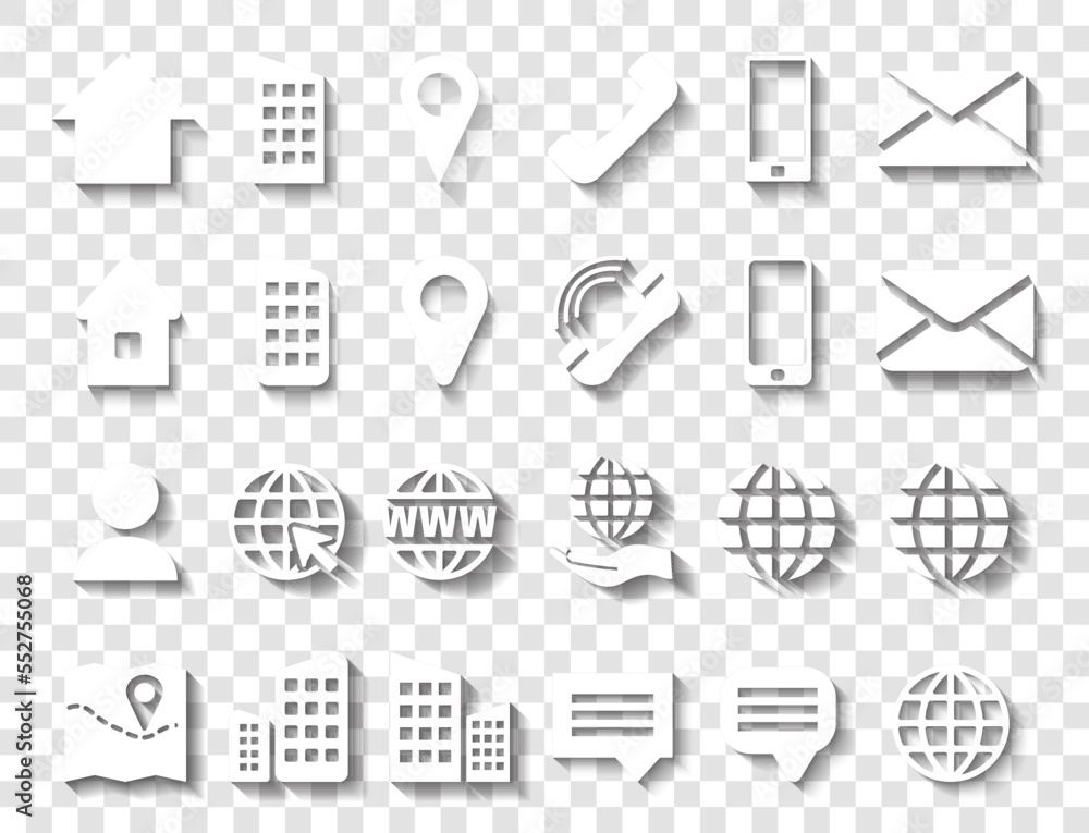 White Contact Info Icon Set with Shadows for Location Pin, Phone, Web and Cellphone, Person and Email Icons. White Contact Info Icon Set with Shadows for Location Pin, Phone, Web and Cellphone, Person and Email Icons.