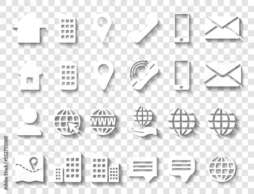 White Contact Info Icon Set with Shadows for Location Pin, Phone, Web and Cellphone, Person and Email Icons.