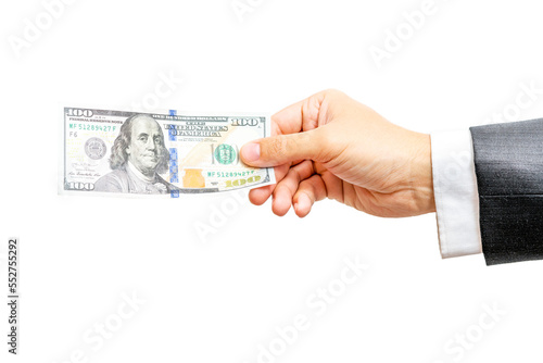 Businessman's hand holding hundred dollar bill isolated on white background. Concept of salary, investment, donation