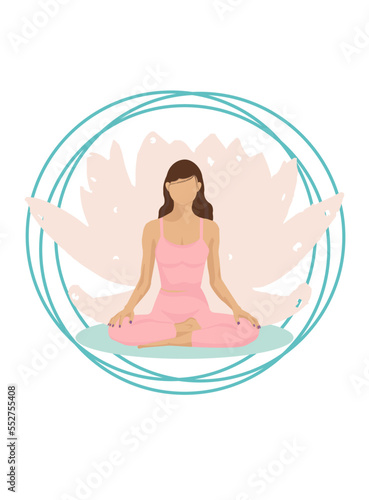 The woman is meditating. A young girl is doing yoga. Flat style illustration for yoga center  fitness  sports club or web banner or poster. Lotus position vector illustration