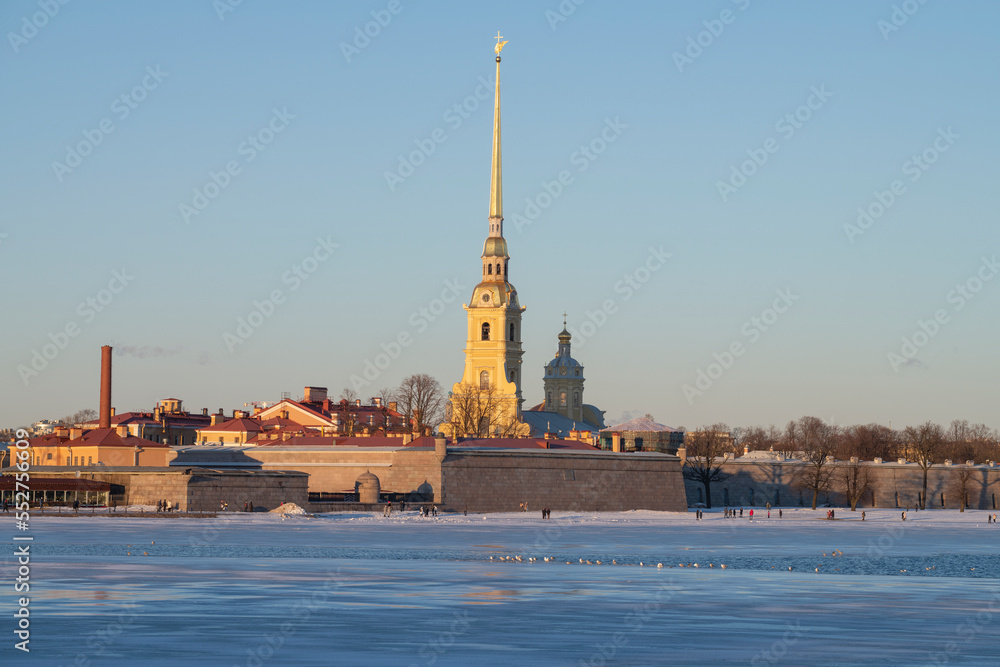View of the Peter and Paul Cathedral on a February sunny evening. Peter and Paul Fortress, St. Petersburg. Russia