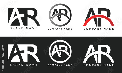 Letter AR, RA three different monogram logo design on white and black background.