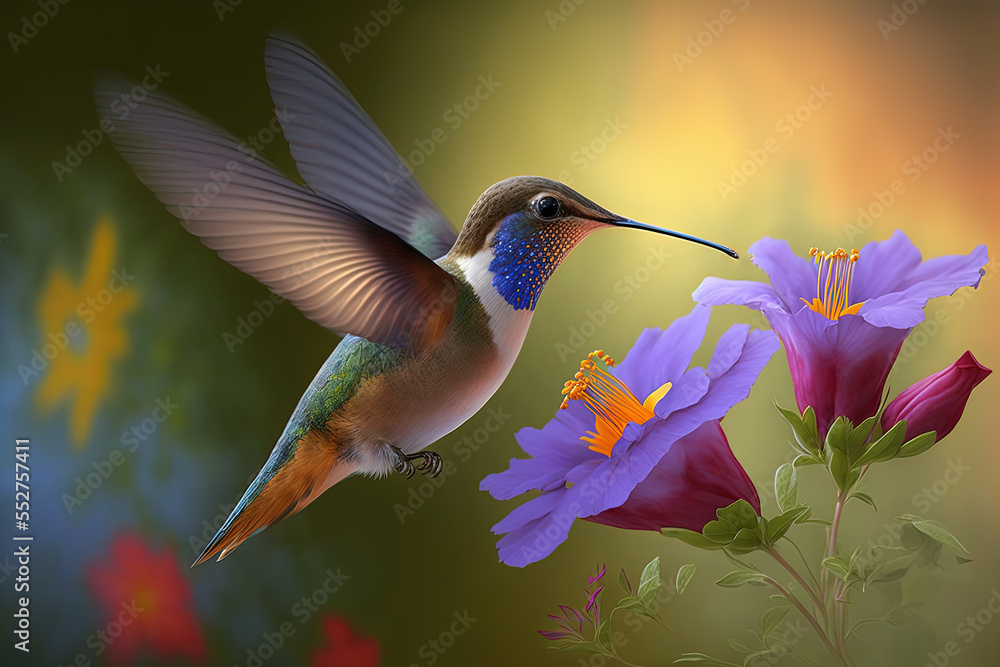 Fototapeta premium Hummingbird flying to pick up nectar from a beautiful flower. Digital artwork