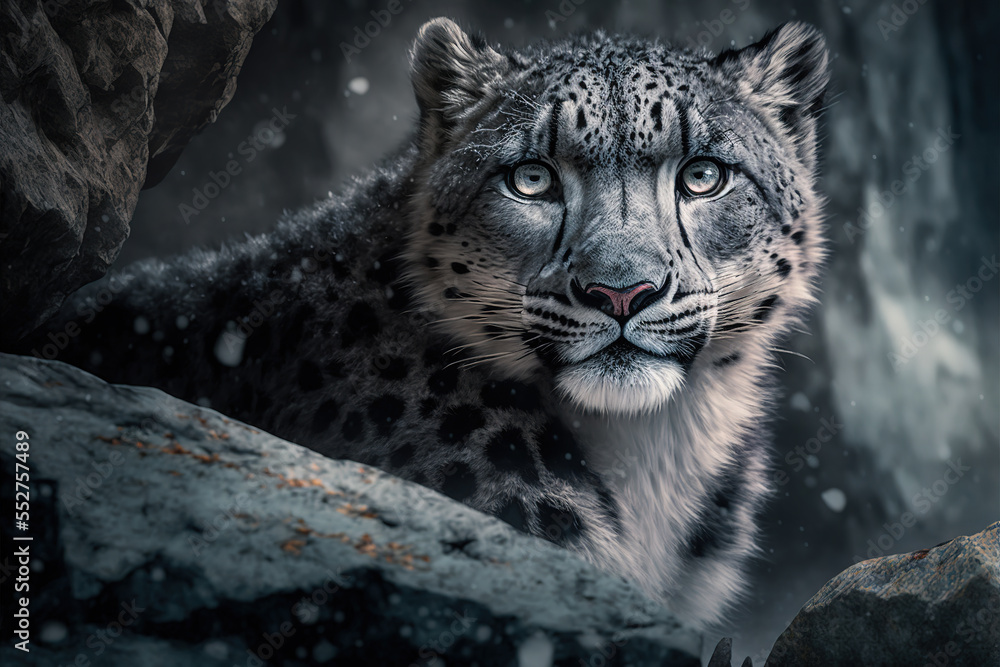 Obraz premium Snow Leopard amongst a craggy cliff, large charcoal-black rocks with light covering of snow. Digital art
