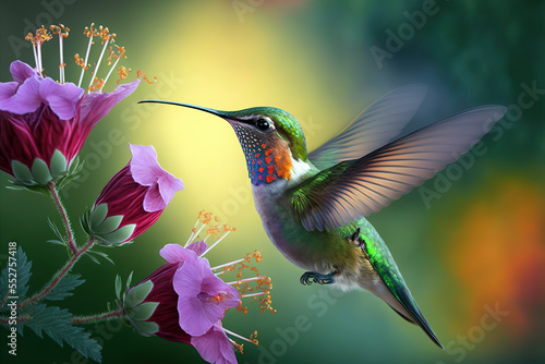 Hummingbird flying to pick up nectar from a beautiful flower. Digital artwork
