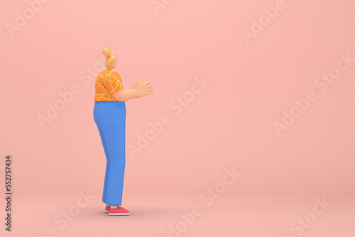 The woman with golden hair tied in a bun wearing blue corduroy pants and Orange T-shirt with white stripes. She is expression of hand when talking. 3d rendering of cartoon character in acting.