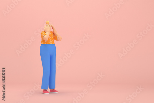 The woman with golden hair tied in a bun wearing blue corduroy pants and Orange T-shirt with white stripes. She is expression of hand when talking. 3d rendering of cartoon character in acting.