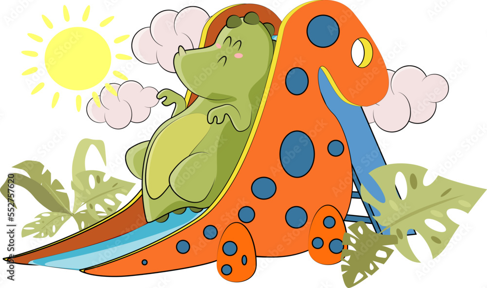 Obraz premium A green dinosaur decided to ride a slide