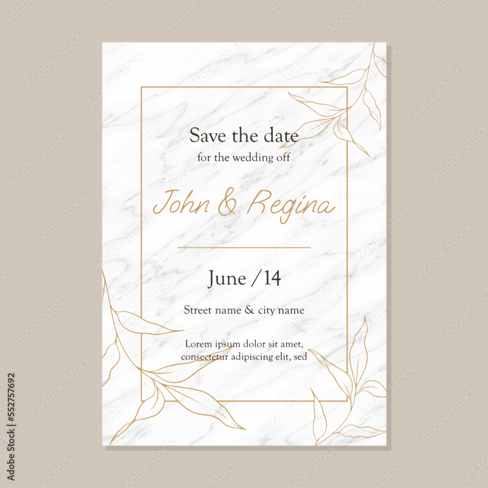A5 wedding invitation flyer with floral design on marble texture